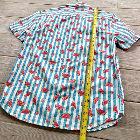 Fun Blue Striped Watermelon Print Casual Button Down Shirt Short‎ Sleeves Size M - Picture 4 of 6